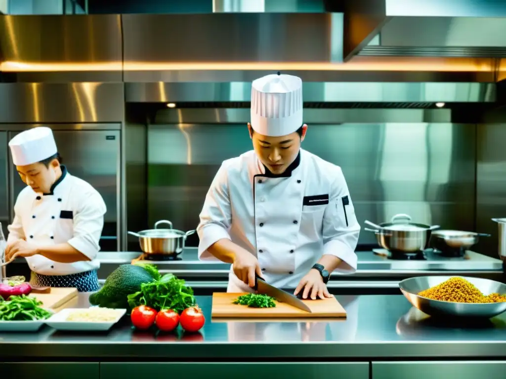 Una cocina asiática moderna llena de actividad culinaria, fusionando tecnología de vanguardia con ingredientes tradicionales