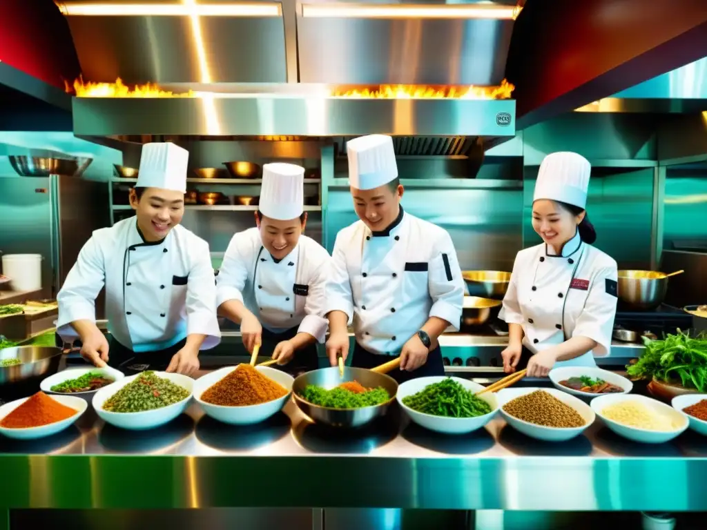 Una cocina asiática tradicional llena de vida y color, donde chefs preparan platos con técnicas únicas