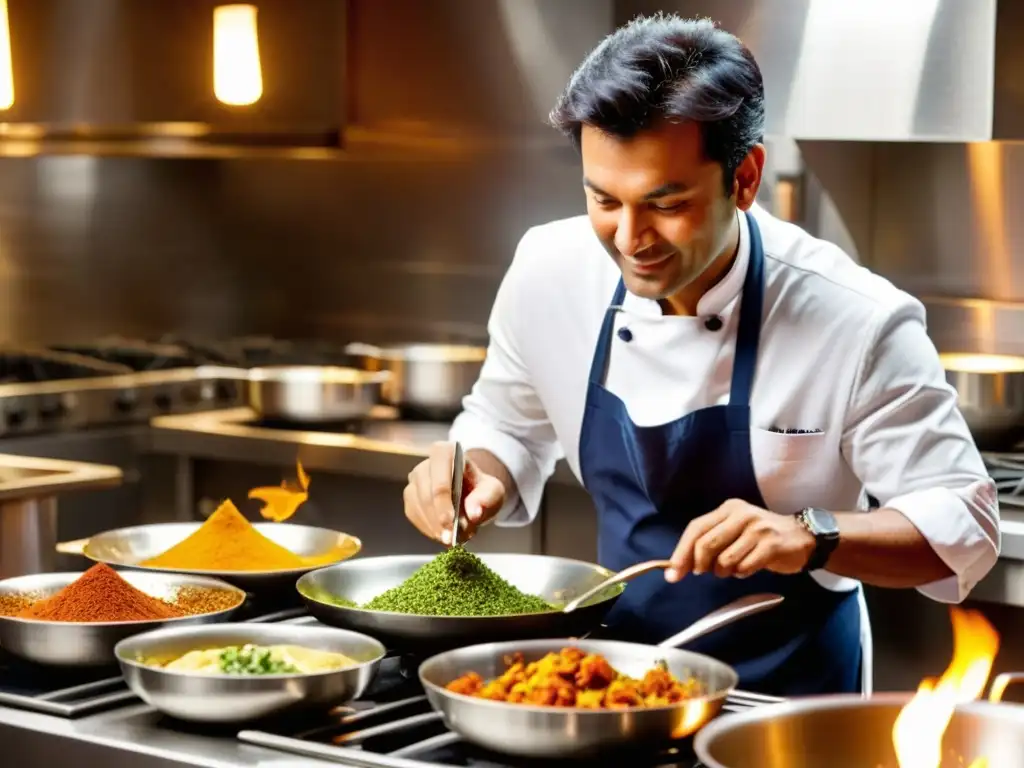 Vikas Khanna en una cocina bulliciosa, plato exquisito en mano, rodeado de sartenes y especias