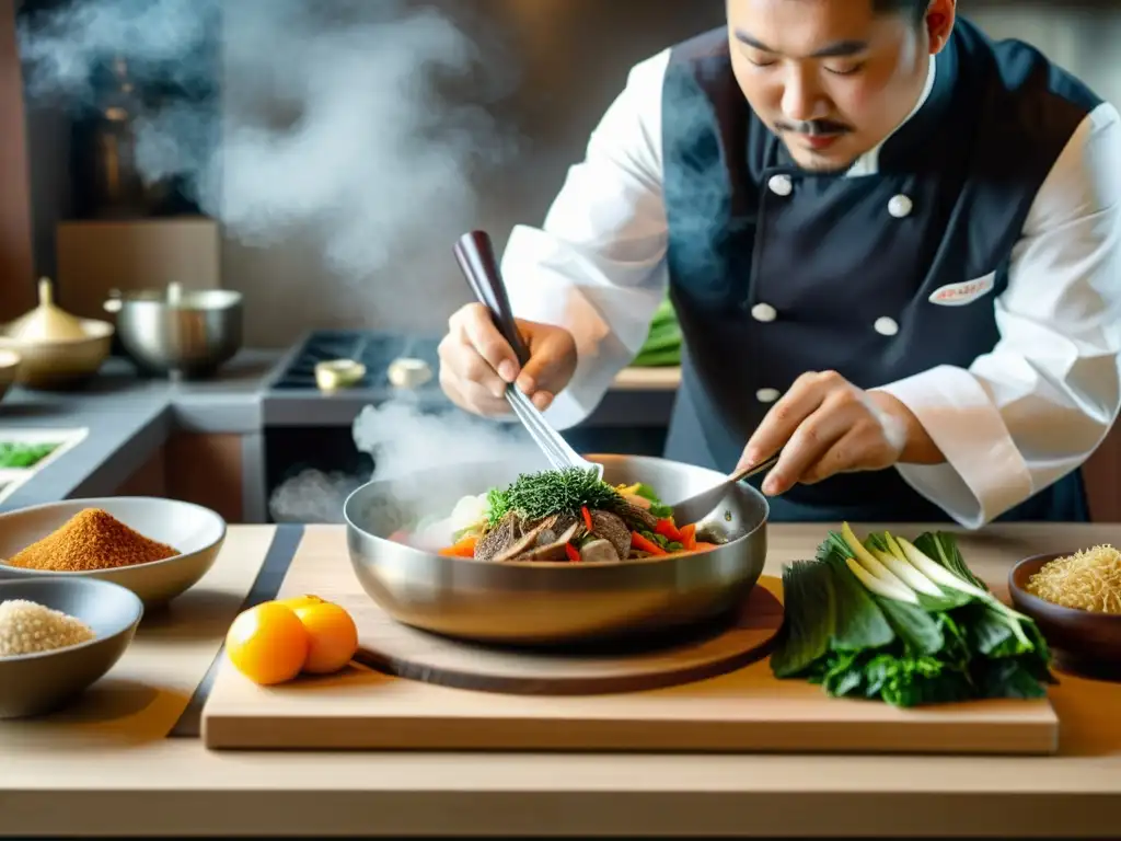 Muestra de cocina coreana con ginseng infusionado y chef experto preparando plato