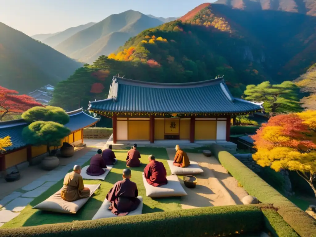 Cocina monástica coreana iluminada por la cálida luz del atardecer, rodeada de naturaleza otoñal y monjes en actividad serena