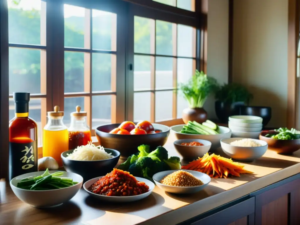 Una cocina coreana para longevidad con ingredientes tradicionales y un chef hábil cocinando