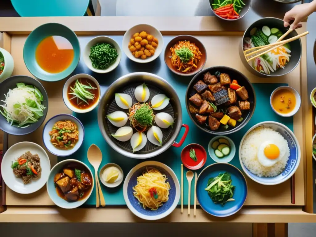 Una cocina coreana tradicional bulliciosa con un chef preparando platos auténticos