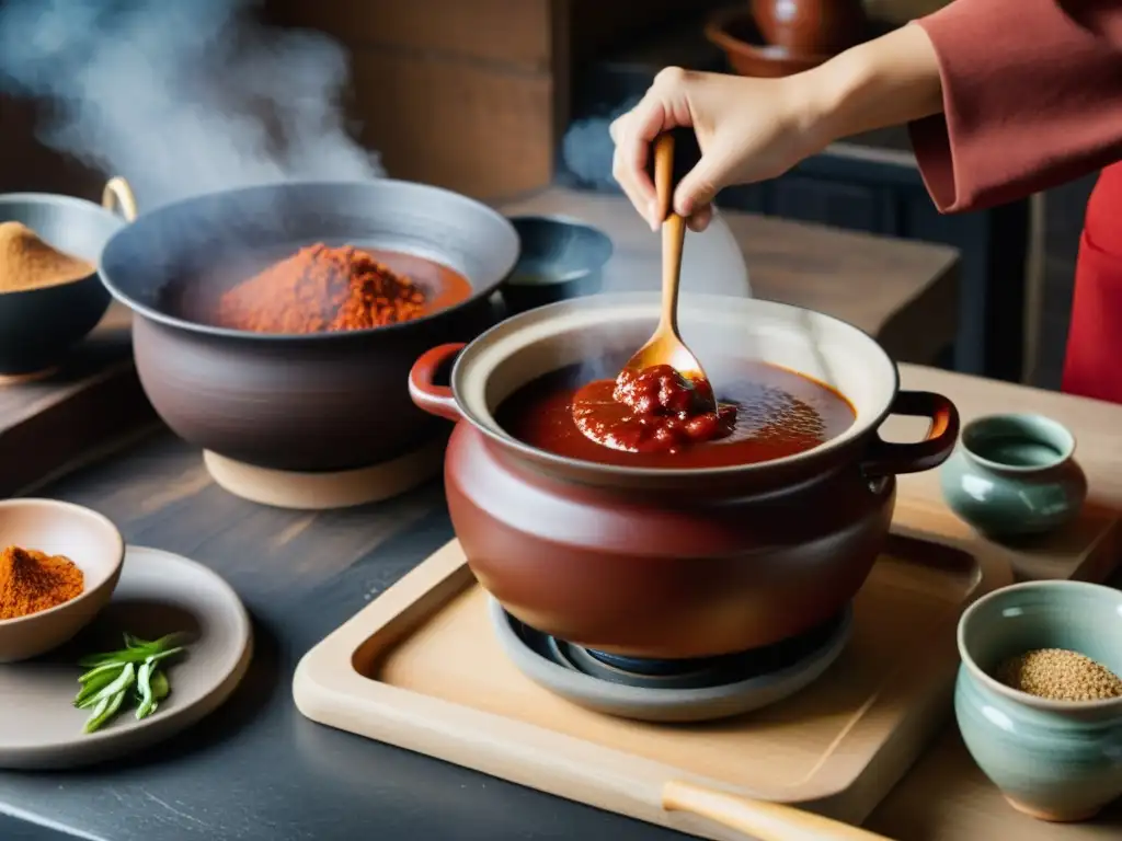 En la cocina coreana tradicional, un chef remueve la pasta de chile coreana Kochujang en una gran olla de barro, con vapor y aroma picante