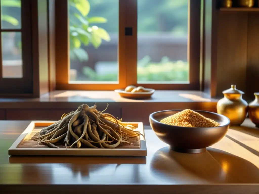 Una cocina coreana tradicional con ginseng en la mesa de madera, bañada por la cálida luz del sol