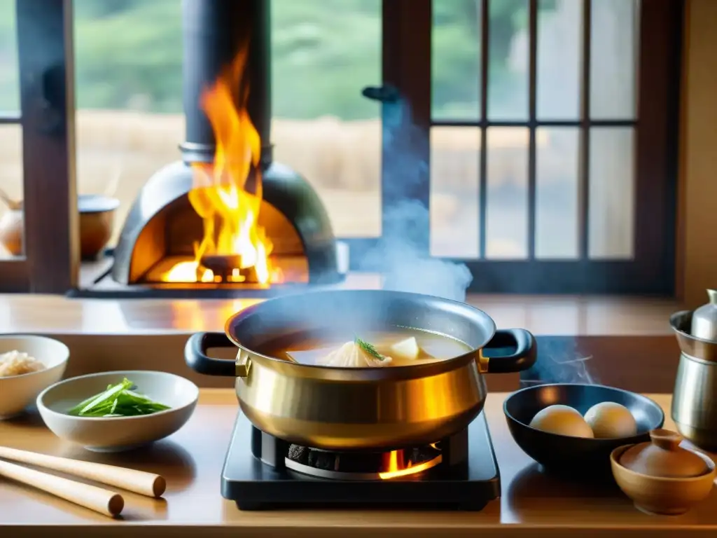 Una cocina coreana tradicional iluminada cálidamente por luz natural, con una olla de Samgyetang humeante sobre fuego de leña