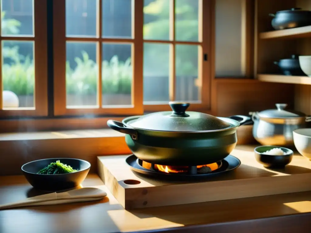 Una cocina coreana tradicional con una olla de Miyeokguk humeante y utensilios de cocina, iluminada por luz natural