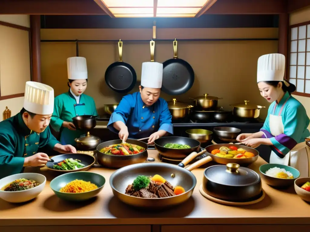 Cocina de la Corte Coreana: chefs preparando un festín real con utensilios tradicionales en una cocina bulliciosa y colorida