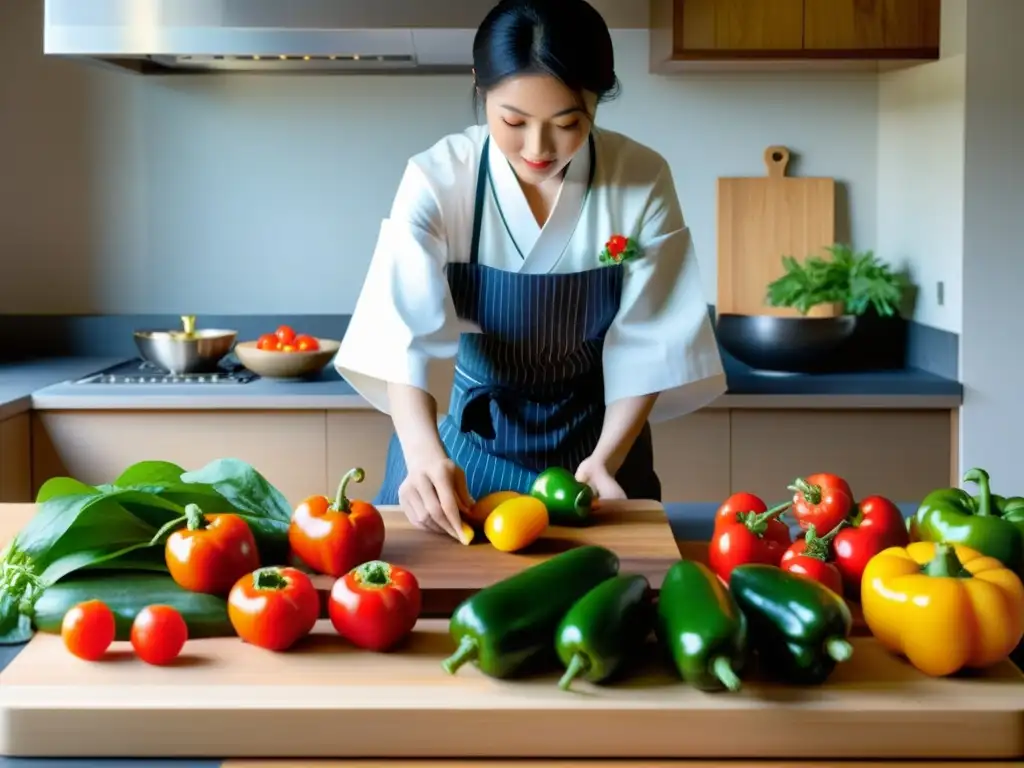 Una cocina japonesa tradicional con ingredientes frescos y un chef en kimono preparando recetas ancestrales cocina zen