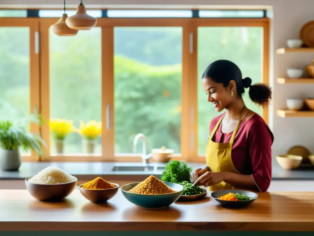 Una cocina serena con platillos coloridos y frescos siguiendo los Principios Ayurveda dieta occidental, iluminada por luz natural