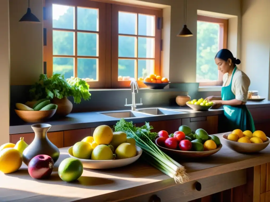 Una cocina serena y soleada, llena de frutas vibrantes, verduras frescas y hierbas aromáticas en una mesa de madera rústica