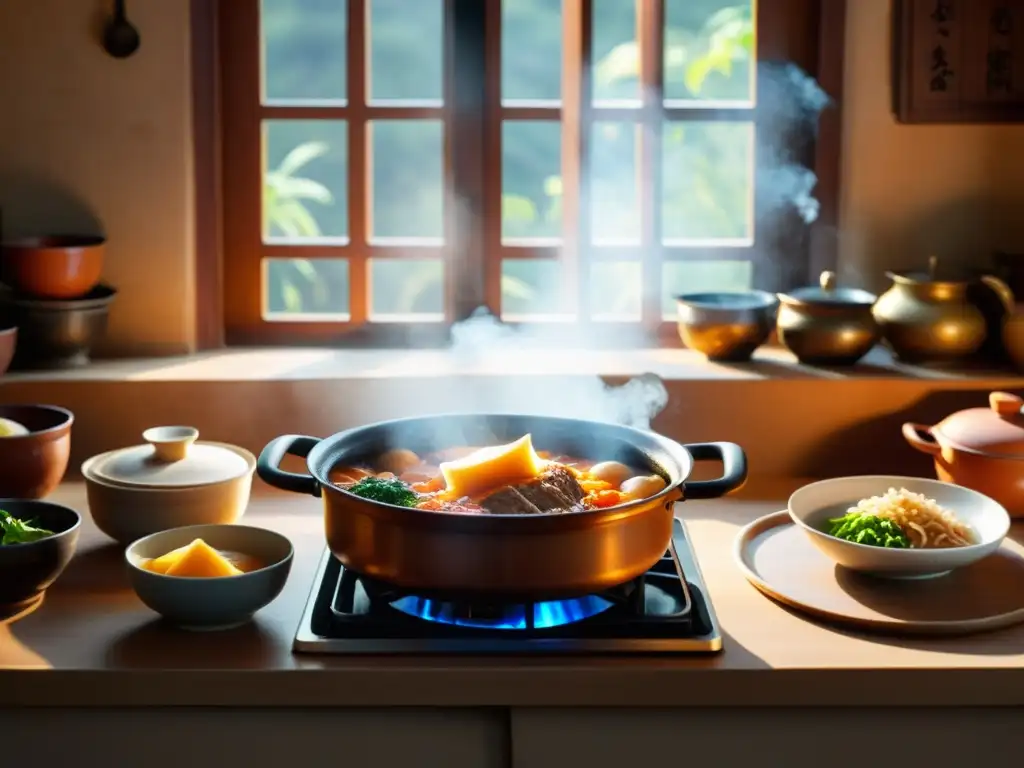 Una cocina tradicional coreana con una olla de sopa de tofu coreana humeante en la estufa, bañada por la cálida luz del sol