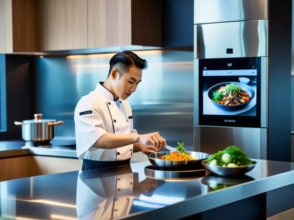 Un cocinero asiático utiliza tecnología innovadora en una cocina moderna, fusionando tradición y tecnología