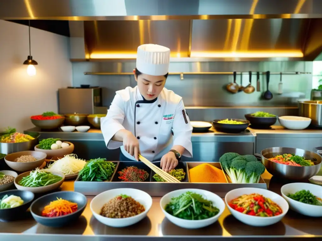 Un cocinero experto prepara platos coloridos en una bulliciosa cocina coreana para longevidad, rodeado de ingredientes frescos y aromáticos