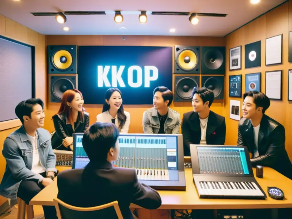 Colaboración de artistas KPop y Occidente en estudio de grabación, intercambiando ideas y fusionando estilos musicales