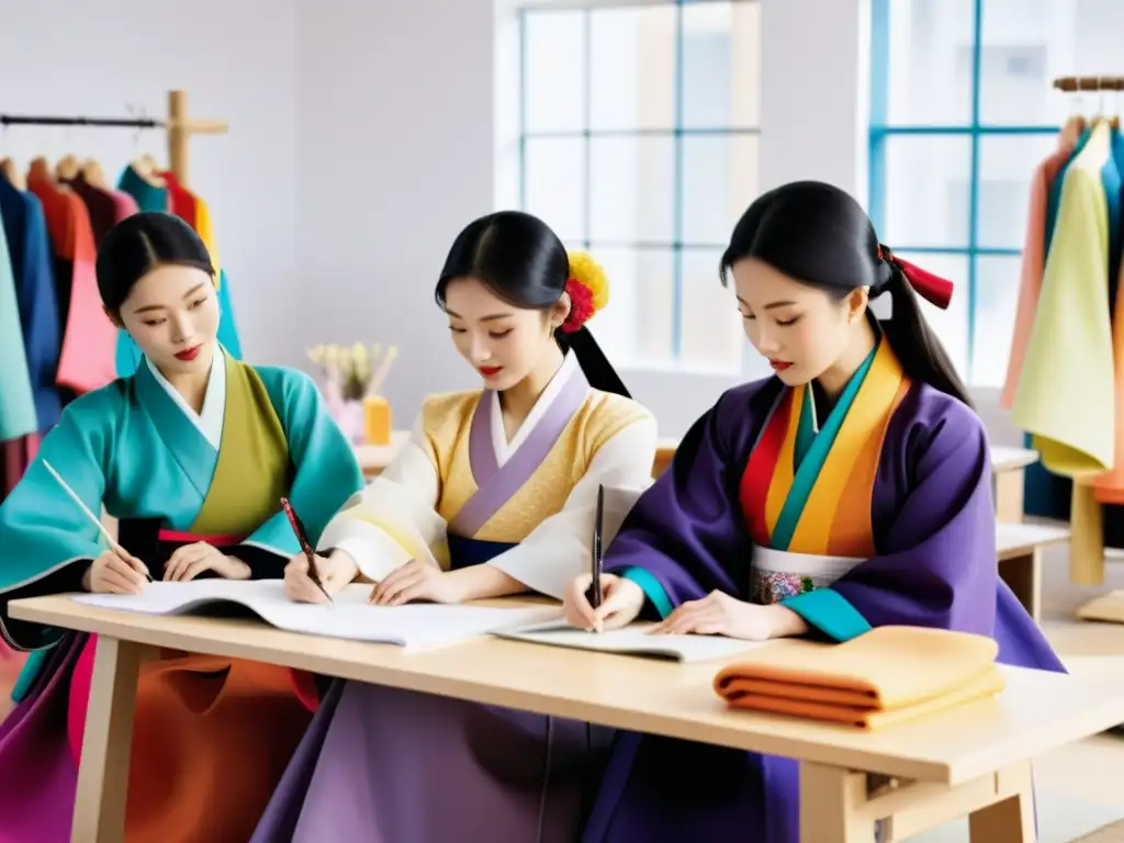 Fusión creativa: diseñadores y artesanos de Hanbok Colaboración entre diseñadores de moda y artesanos del Hanbok en un estudio vibrante, mostrando la resurrección del Hanbok en moda