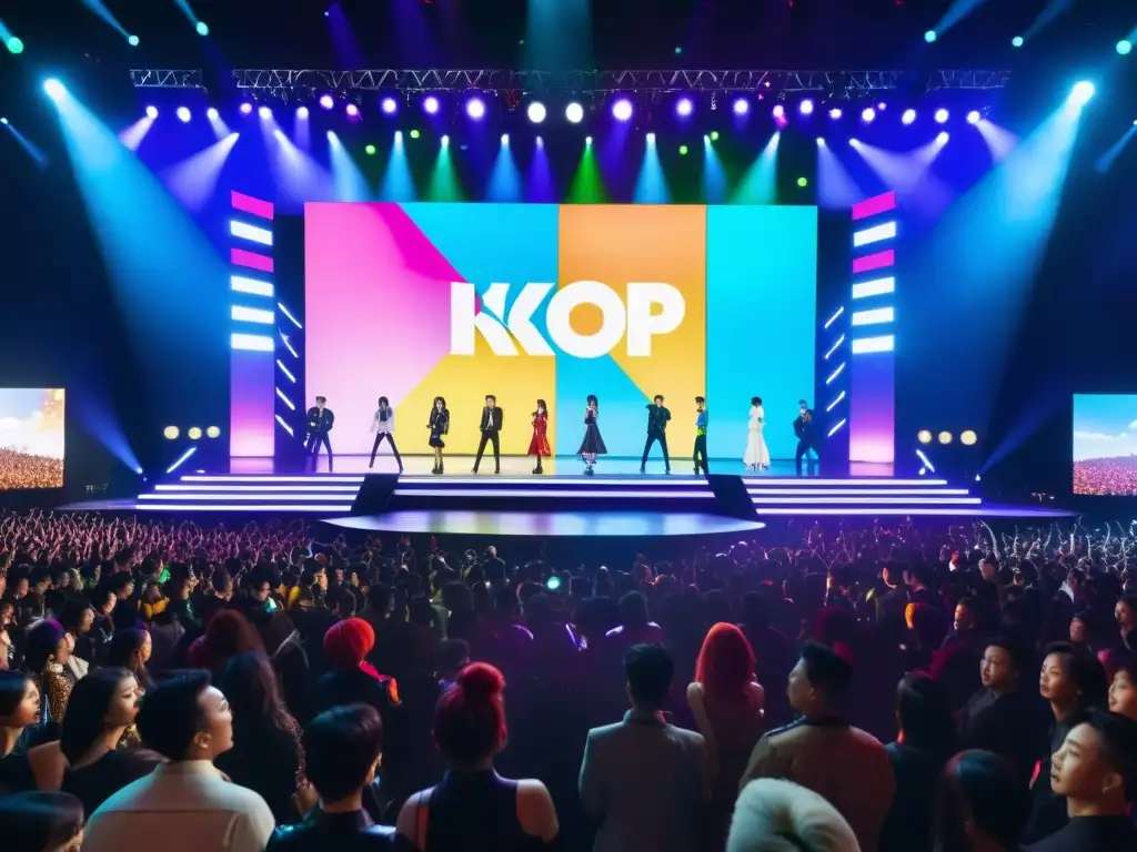 Colaboraciones artísticas KPop y Occidente: Escenario vibrante con artistas diversos uniendo culturas en la música