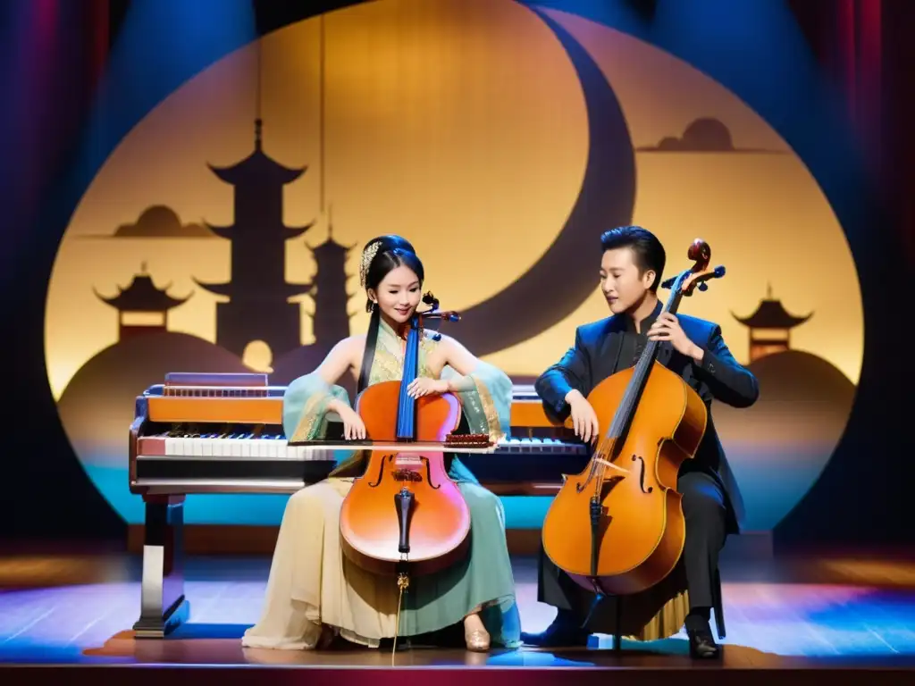 Colaboraciones artísticas entre Oriente y Occidente: Un guzheng chino y un chelista occidental actúan juntos en un escenario, rodeados de instrumentos y elementos culturales de ambas tradiciones, creando una atmósfera evocadora y armoniosa