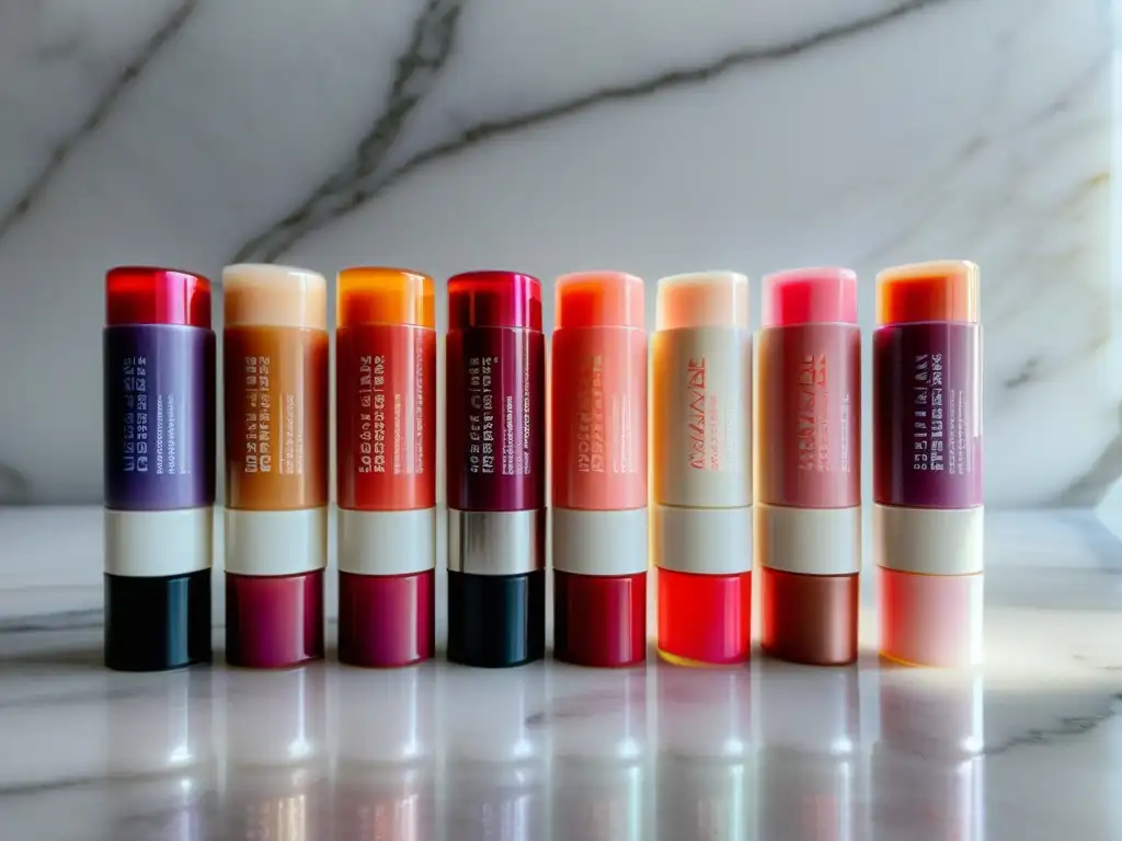 Una colección de bálsamos labiales coreanos cuidado labial, en tonos vibrantes y empaques minimalistas, iluminados por la luz natural