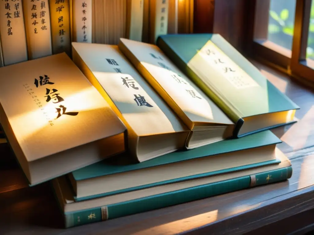 Una colección de libros antiguos de literatura taiwanesa con páginas desgastadas y títulos en chino tradicional, iluminados por la cálida luz del sol