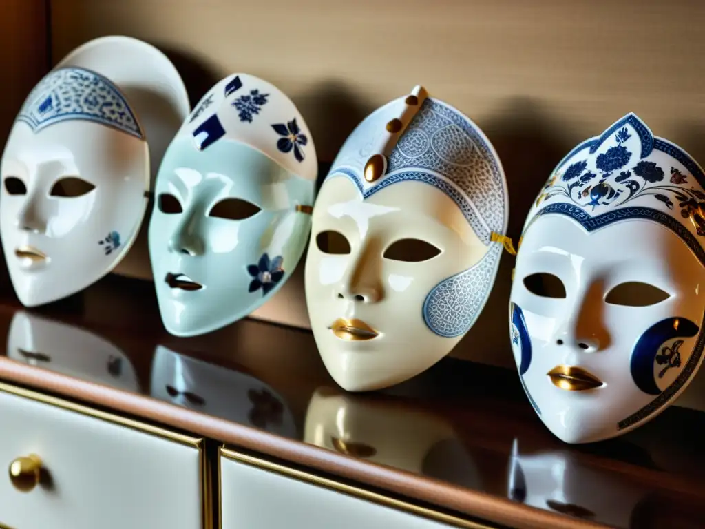 Una colección de máscaras de porcelana para tratamiento facial estilo asiático casero, exhibidas en una elegante mesa minimalista