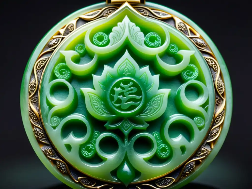 Un colgante de jade tallado con detalles intrincados y un vibrante color verde, en contraste con un fondo oscuro