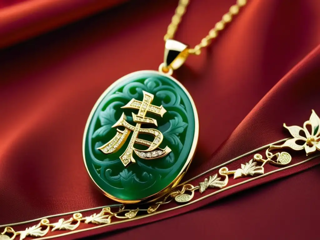 Un colgante de jade tallado con símbolos chinos tradicionales sobre seda roja, evocando la belleza y simbolismo de la joyería tradicional china