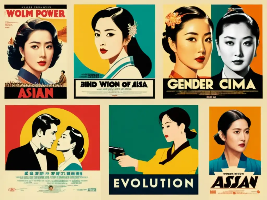 Collage de pósters icónicos muestra la evolución de la representación de género en cine asiático, desafiando estereotipos a lo largo de la historia