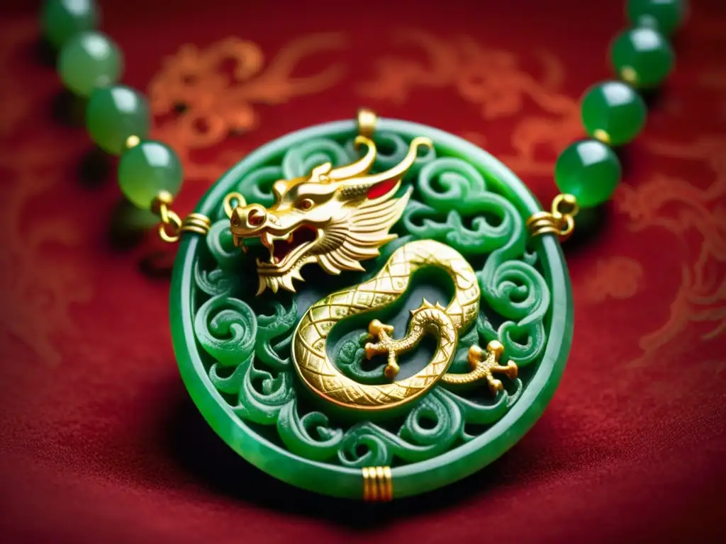 Collar de jade chino con dragones esculpidos en detalle, sobre terciopelo rojo