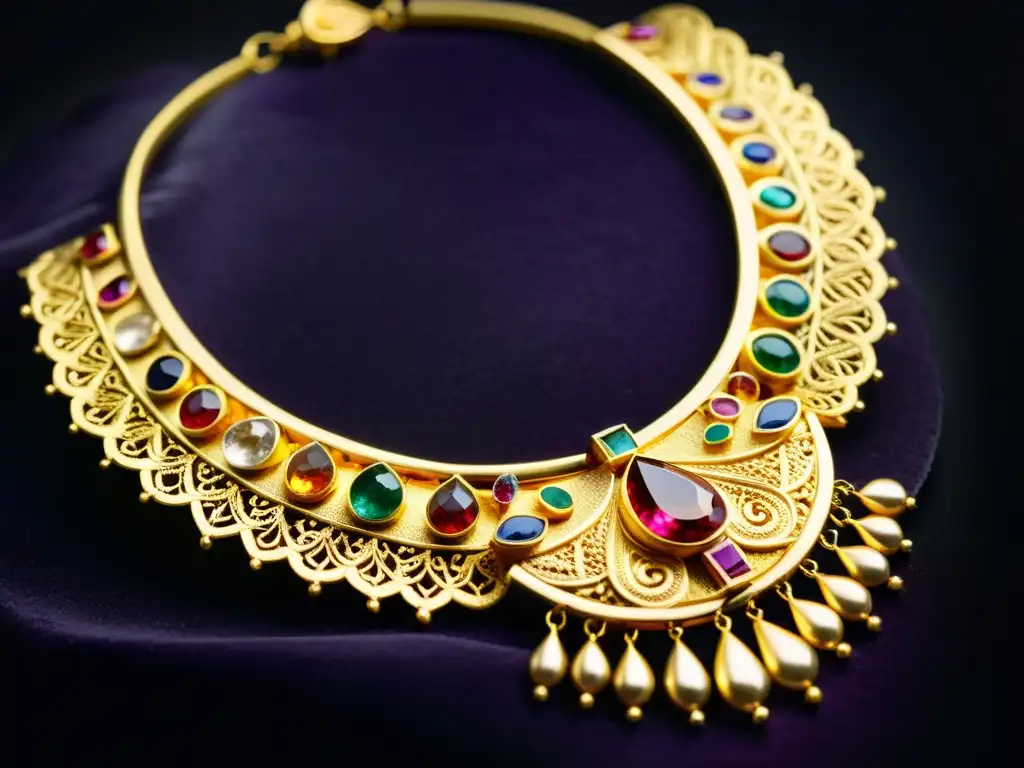 Un collar de oro adornado con filigrana y gemas frente a un fondo de terciopelo oscuro, reflejando la sofisticada cultura de ornamentos del Valle Indo