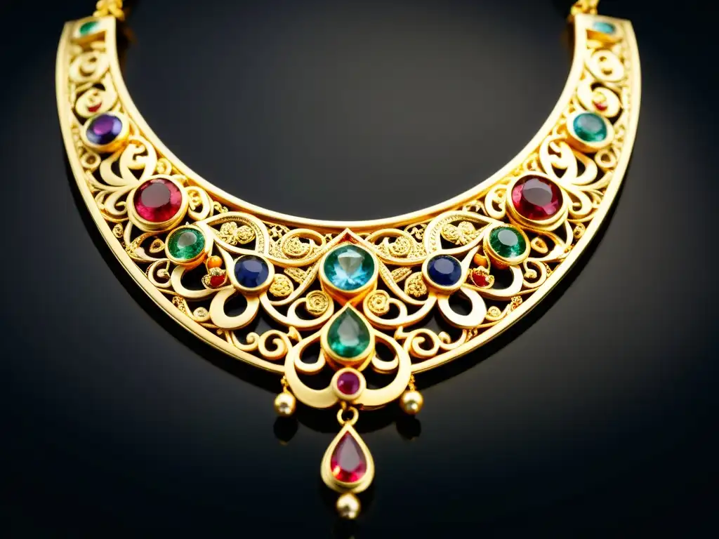 Collar de oro con filigrana y gemas, evocando la sofisticada cultura de los ornamentos del Valle Indo