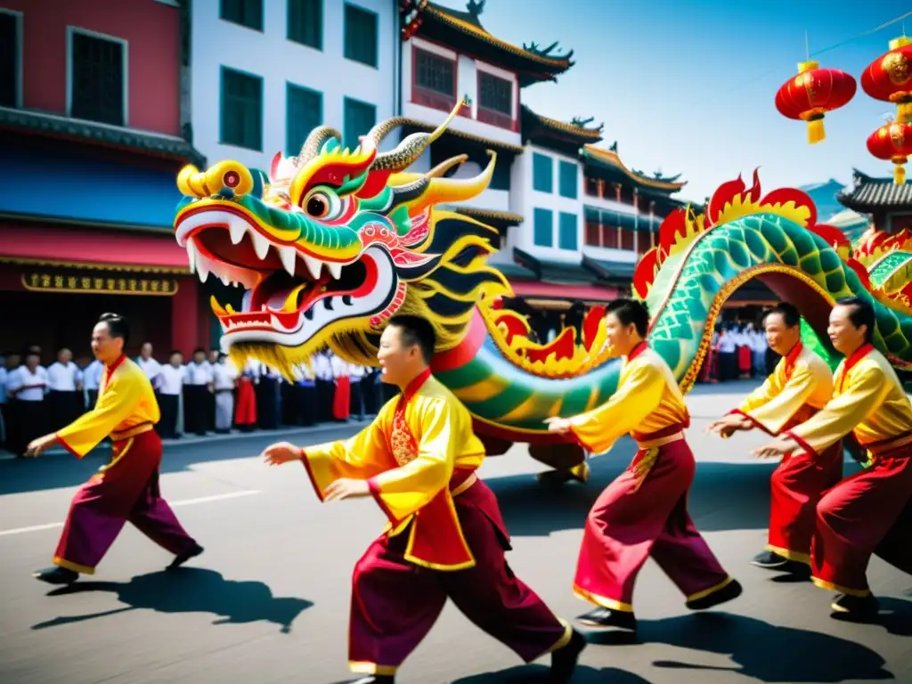 Vividamente coloreada danza del dragón tradición asiática en la bulliciosa ciudad