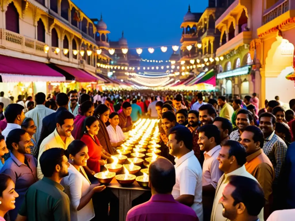 Colorida celebración de Diwali en una bulliciosa calle de la India, con diyas encendidas y festivales del hinduismo tradicionales