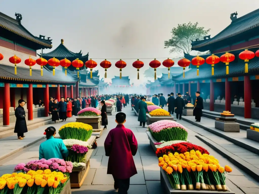 Una colorida calle china durante el Festival Qingming, con personas honrando a sus ancestros