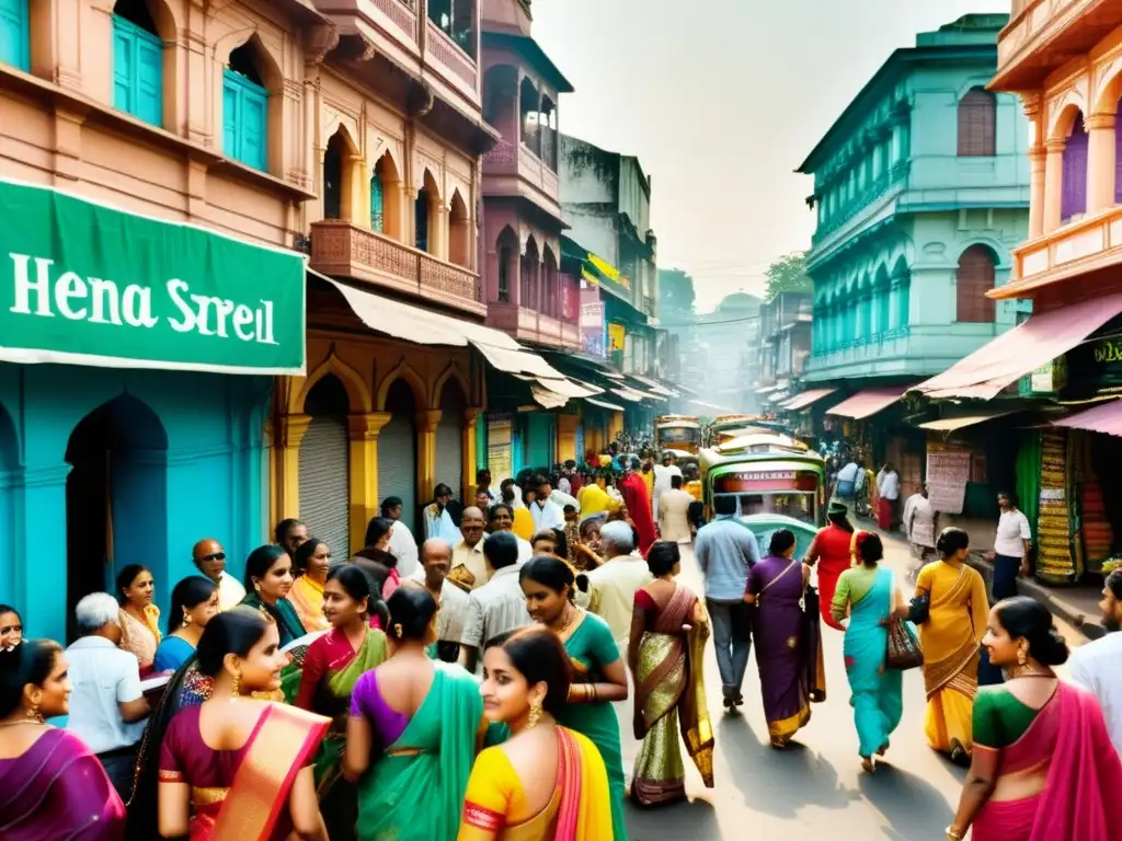 Colorida calle de Kolkata, India; mujeres en sarees, henna, vendedores de libros, arquitectura histórica y arte callejero