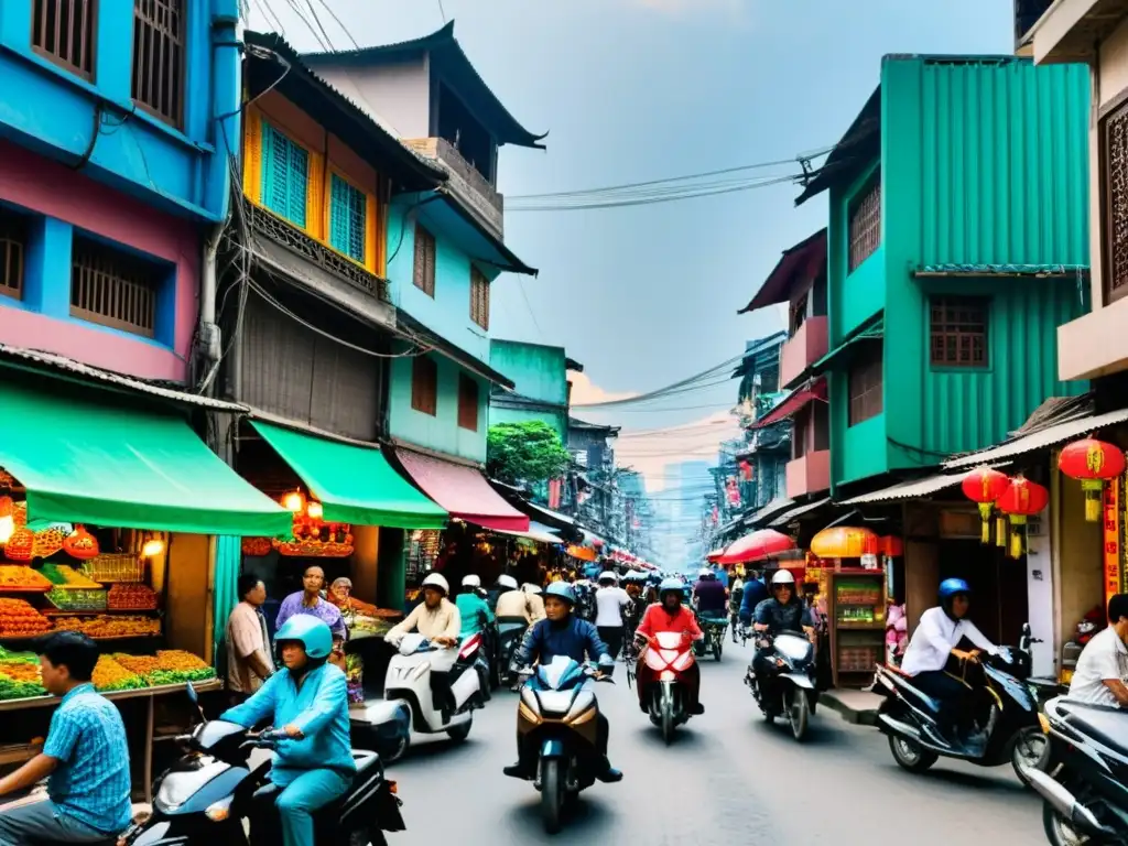 Colorida calle llena de vida en ciudad asiática moderna