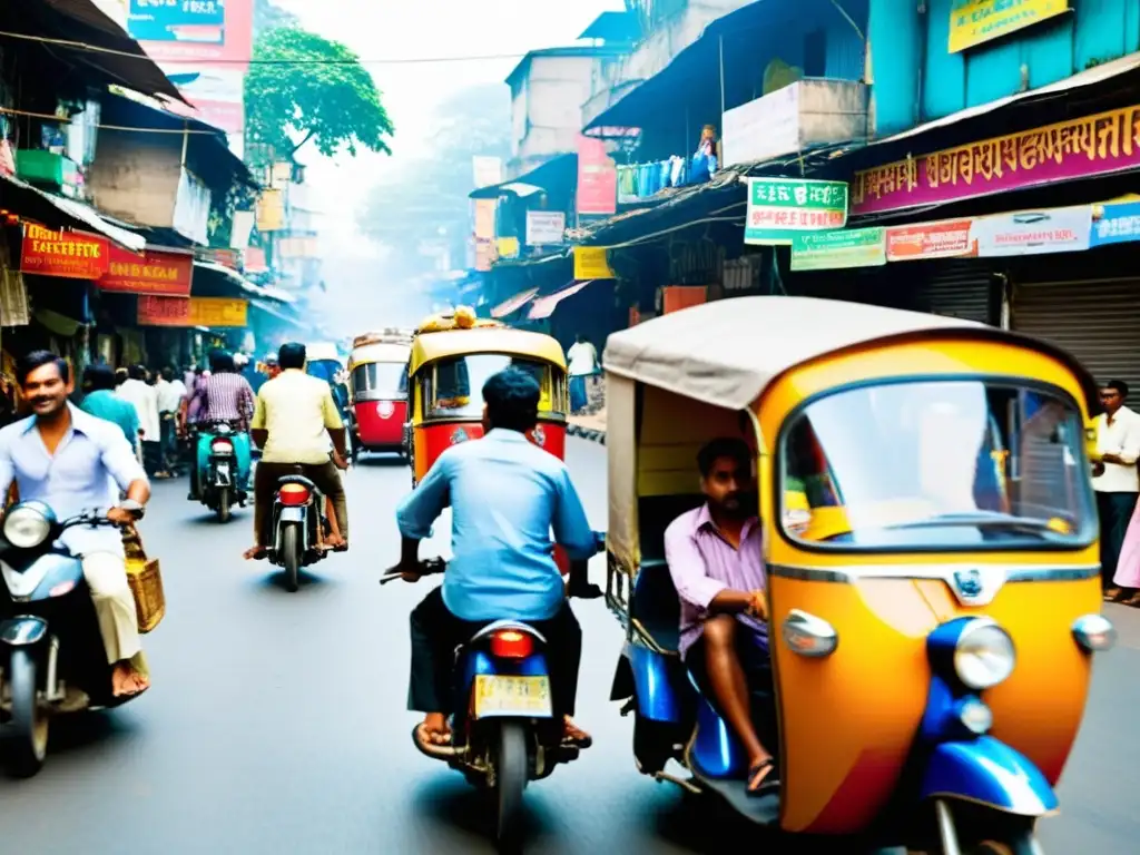 Colorida calle de Mumbai con rickshaws, peatones y una atmósfera vibrante que refleja la influencia cultural del cine indio y género asiático