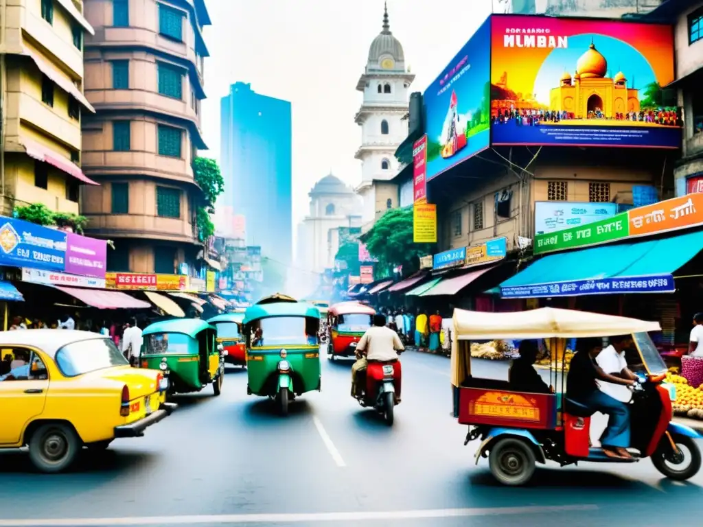 Colorida calle de Mumbai, India, con rickshaws, vendedores y un cartel de película de Bollywood, reflejando la energía y diversidad de la India