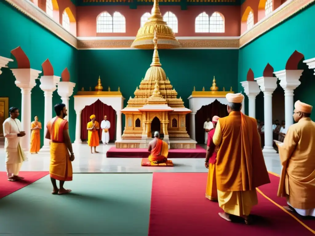 Colorida ceremonia religiosa hindú en un templo, con rituales y devotos en ropa tradicional, reflejando la jerarquía social en India y Nepal