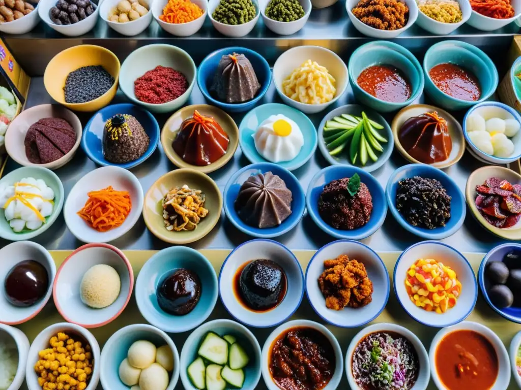 Colorida cultura culinaria coreana tradicional: puesto de mercado con sundae y acompañamientos, inmerso en vibrante atmósfera de mercado