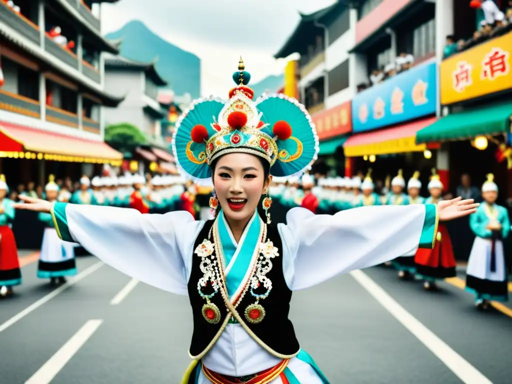 Una representación colorida y enérgica de un desfile callejero tradicional en Taiwán