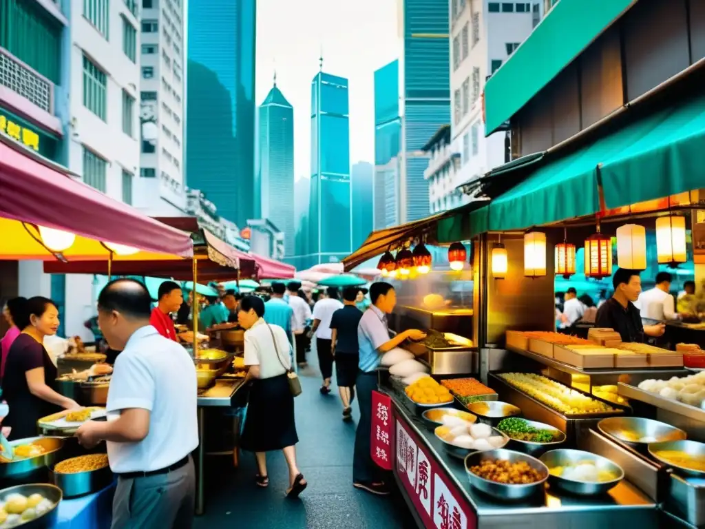 Renacer del dragón Hong Kong: Colorida escena callejera con vendedores y comensales disfrutando de la fusión culinaria en medio de los rascacielos icónicos de la ciudad