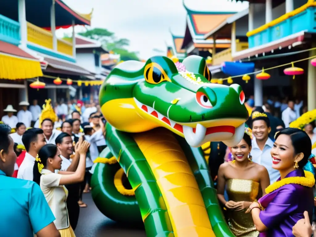 Colorida procesión del Festival de la Serpiente Tailandia, con deslumbrantes carros y entusiastas locales entre confeti y arquitectura tailandesa tradicional