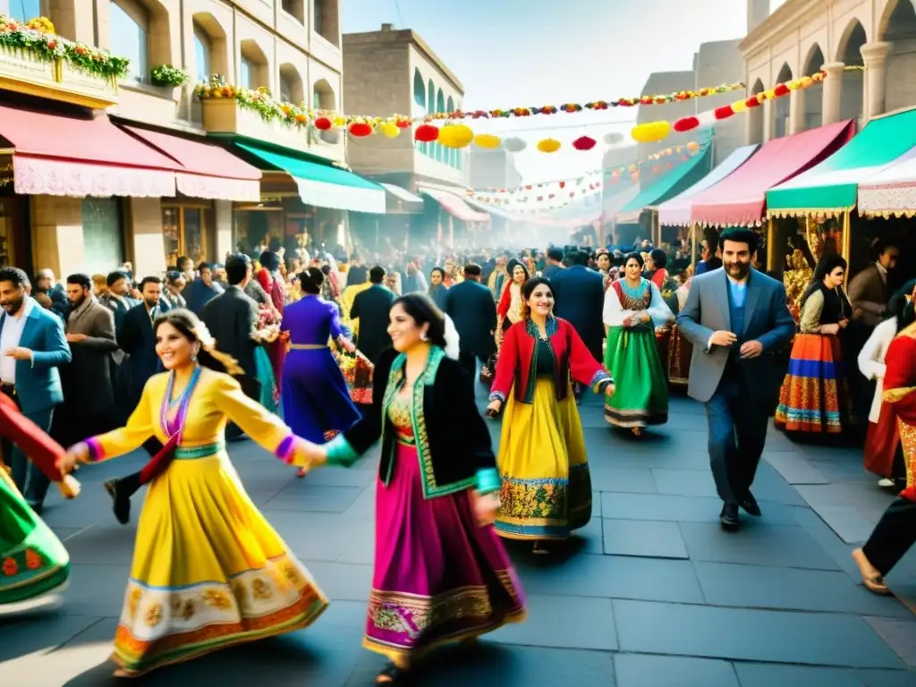 Colorida Fiesta Navruz Año Nuevo Persa: gente vestida con trajes tradicionales, música y baile en las bulliciosas calles decoradas