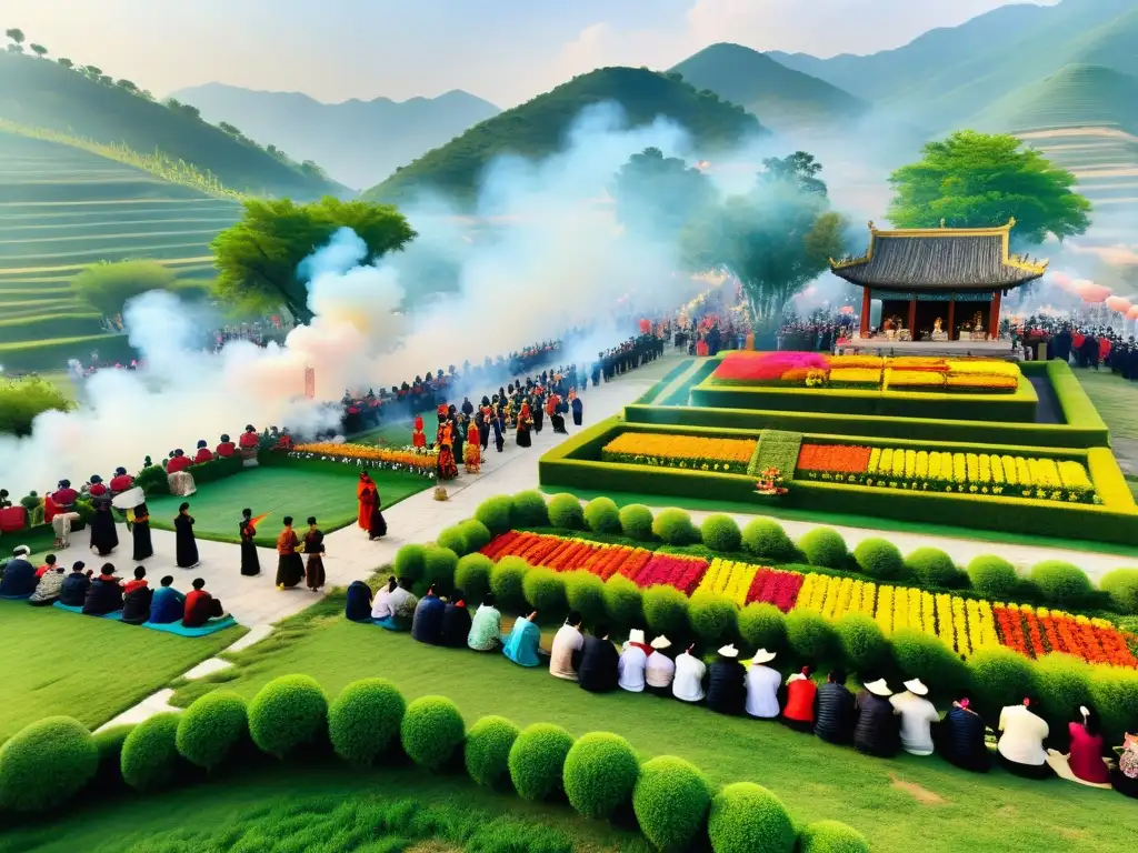 Colorida celebración de la Fiesta de la Primavera Qingming en la naturaleza, con gente honrando a sus ancestros en un pintoresco entorno campestre