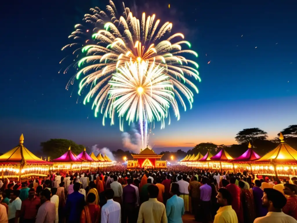 Colorida celebración de Diwali con fuegos artificiales y linternas iluminando el cielo nocturno, uniendo a minorías étnicas en Asia moderna