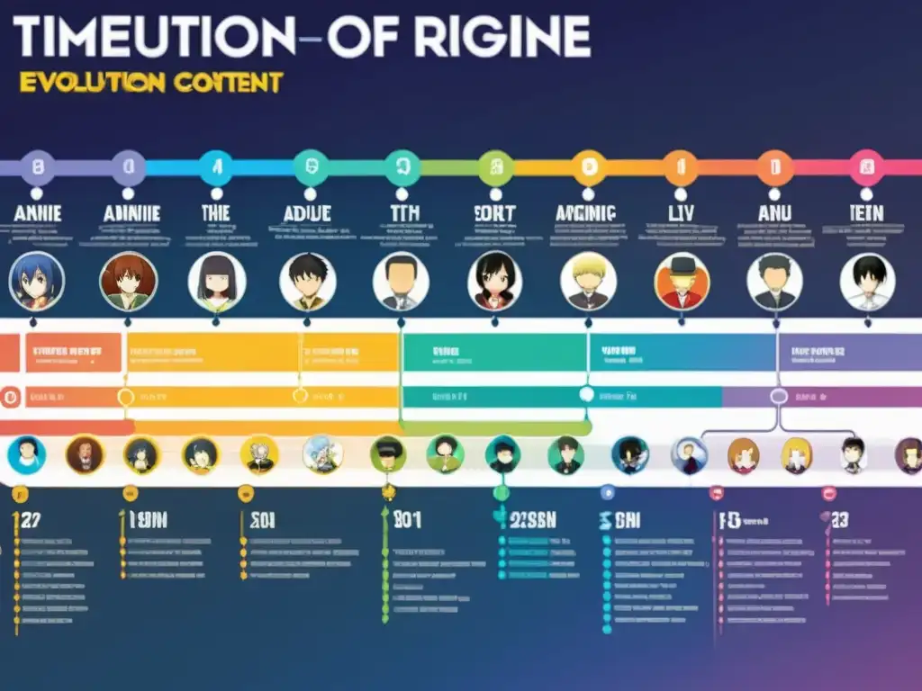 Una colorida línea de tiempo muestra la evolución del anime, desde sus inicios hasta el contenido adulto actual, con personajes icónicos