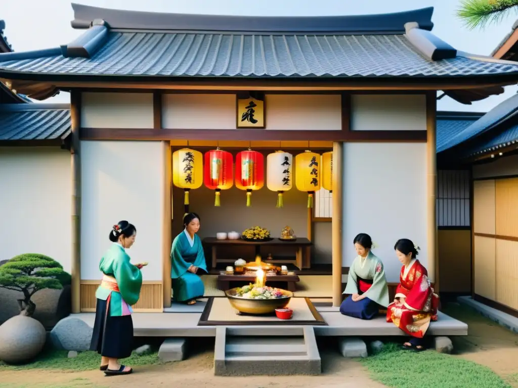 Colorida celebración de Nochevieja japonesa en un pueblo rural, con kimonos, osechiryori y mochitsuki