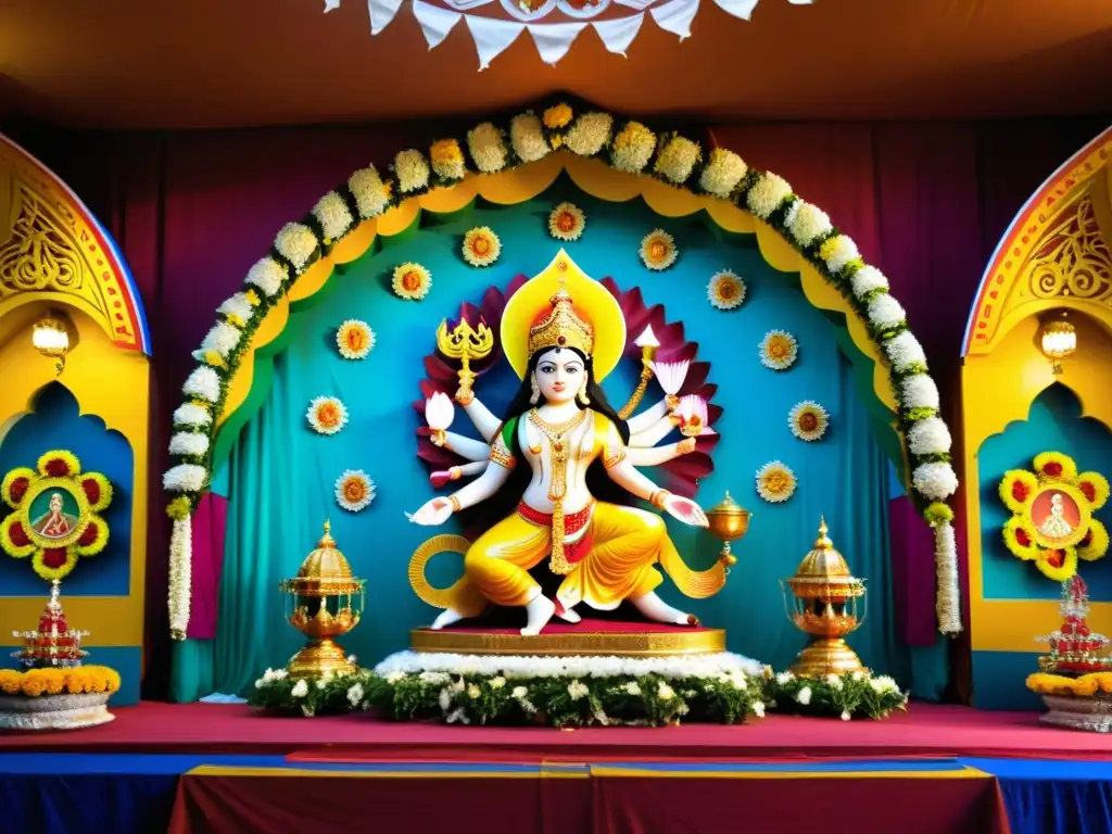 Colorida decoración del pandal de Durga Puja en el Hinduismo, con esculturas detalladas y devotos ofreciendo oraciones y flores a la diosa Durga, reflejando la celebración y devoción espiritual del festival