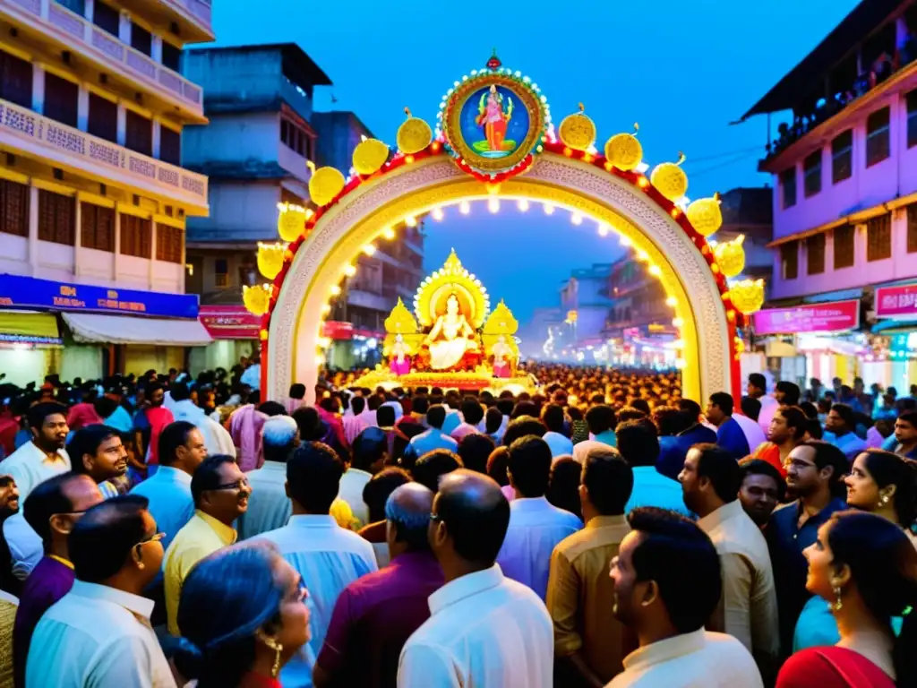 Colorida celebración de Durga Puja en el Hinduismo: mujeres llevan ofrendas, devotos rezan ante la diosa Durga